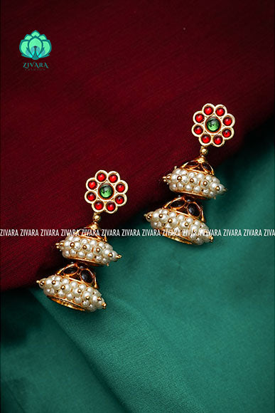 RED AND GREEN  -RIYA  - HANDMADE JHUMKAS - latest kemp dance jewellery collection