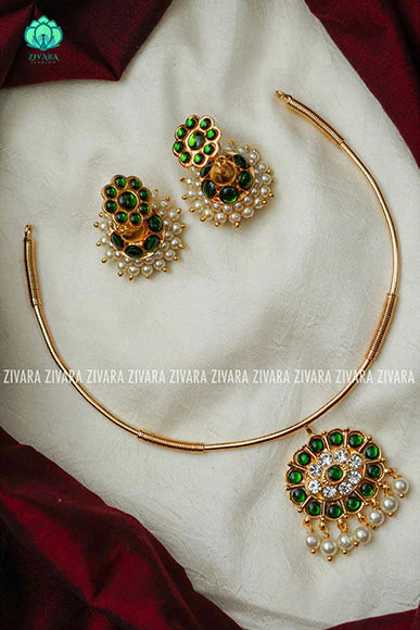 Green - kirupashini- Kemp pipe Neckwear with earrings - south indian customised fusion jewellery