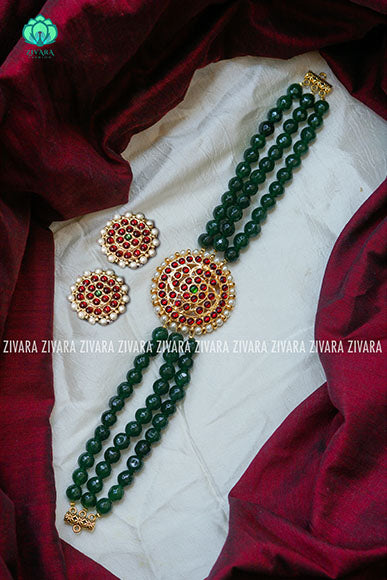 GREEN  BEADS - Vasundara- Traditional kemp choker -south indian BEADED JEWELLERY kemp neckwear for women