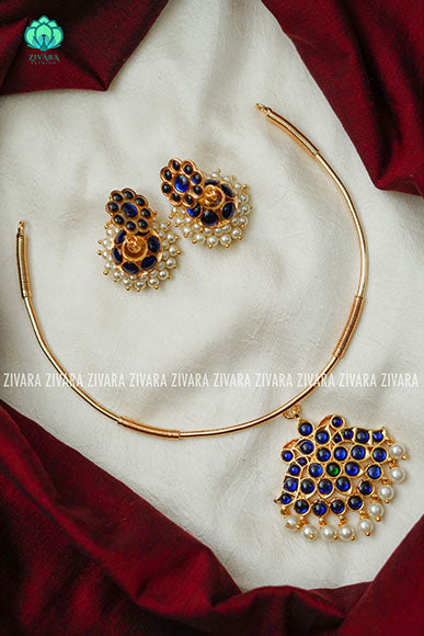 Blue  - Kalini- Kemp pipe Neckwear with earrings - south indian customised fusion jewellery