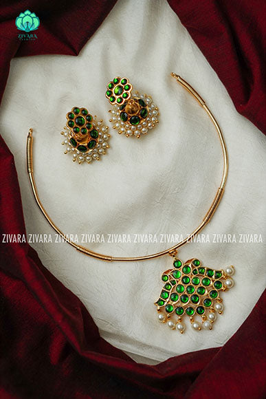 Green - Kalini- Kemp pipe Neckwear with earrings - south indian customised fusion jewellery