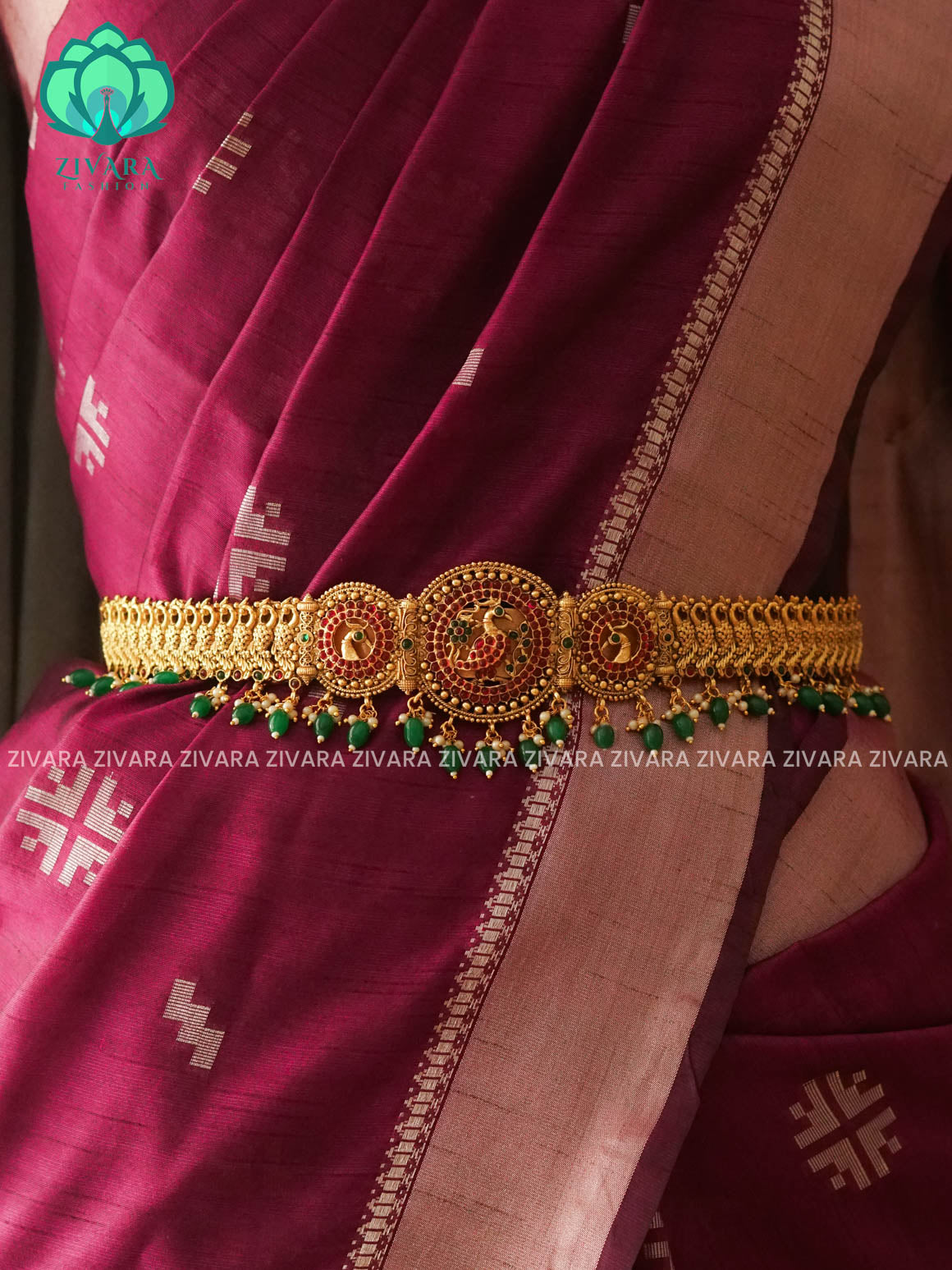 GREEN BEADS  - DHRUVA- MATTE TEMPLE STYLE (31 TO 37 INCHES  ) Latest South indian budget friendly hipbelt collection- Zivara Fashion