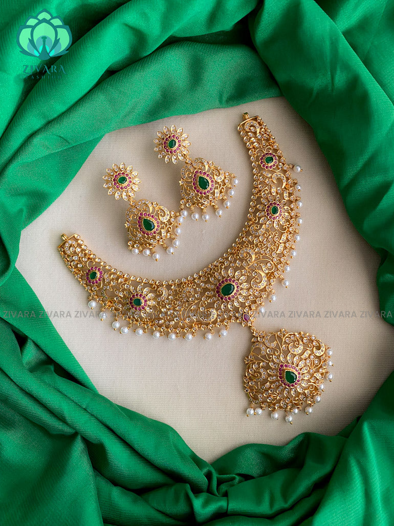 Grand bridal stone neckwear with earrings  - Premium quality CZ Matte collection-south indian jewellery