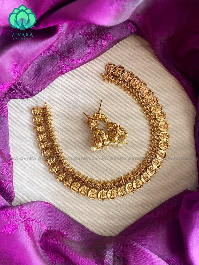 Kids friendly coin - Traditional south indian premium neckwear with earrings- Zivara Fashion- latest jewellery design.
