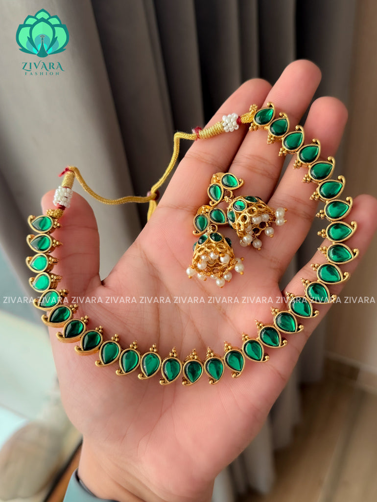 Green-Traditional south indian NORMAL MATTE neckwear with earrings- Zivara Fashion- latest jewellery design.
