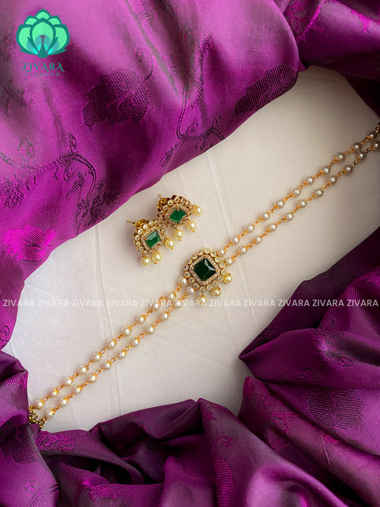 Green stone pearl choker with earrings - CZ matte finish- Zivara Fashion-