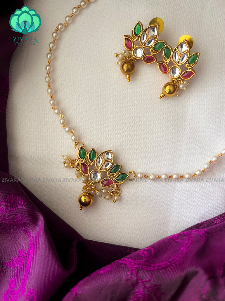 RED AND Green Lotus pearl chain -Traditional south indian NORMAL MATTE neckwear with earrings- Zivara Fashion- latest jewellery design
