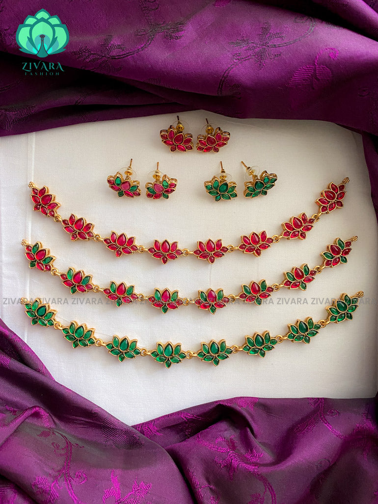 Normal matte finish lotus  budget friendly lotus necklace with earrings CZ matte Finish- Zivara Fashion- red and green