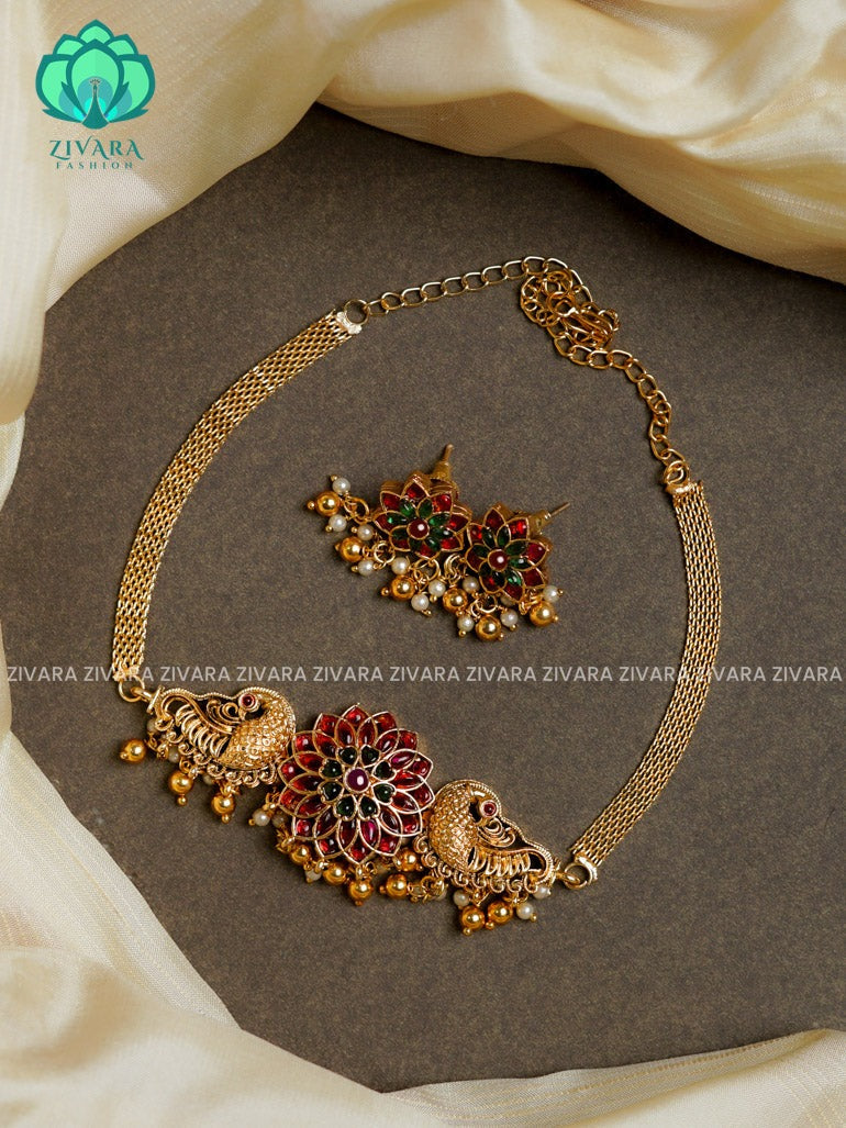 Ruby Green- Trending annapakshi flower choker with earrings-latest south indian jewellery