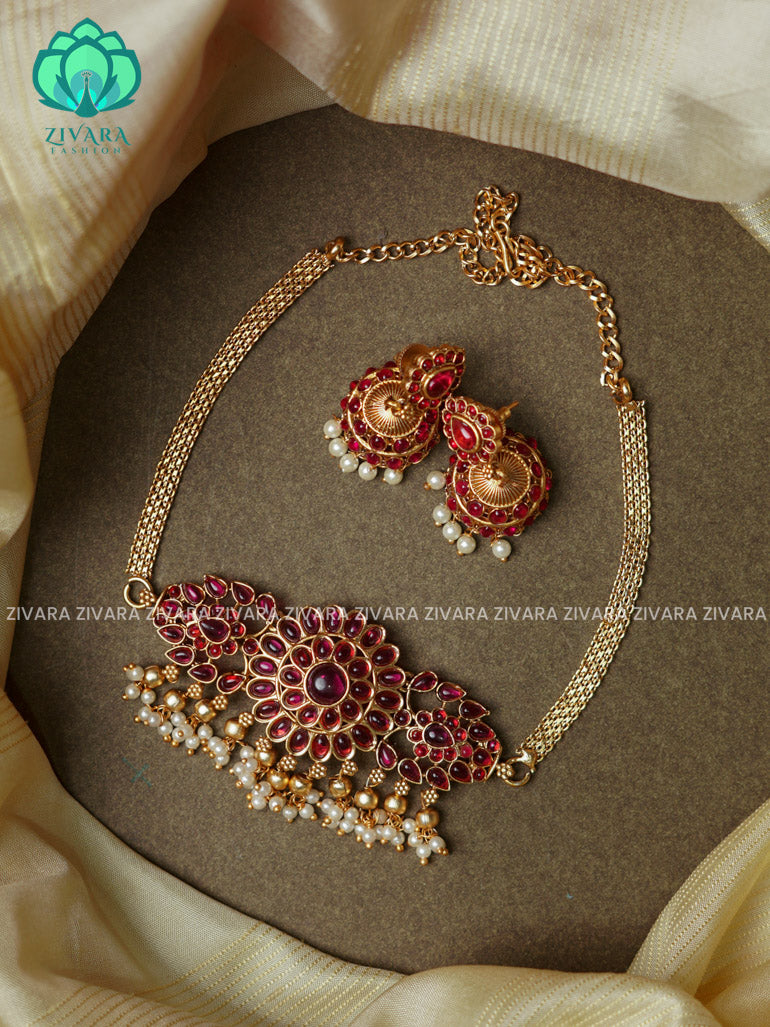 Ruby - Trending circle flower choker with earrings-latest south indian jewellery