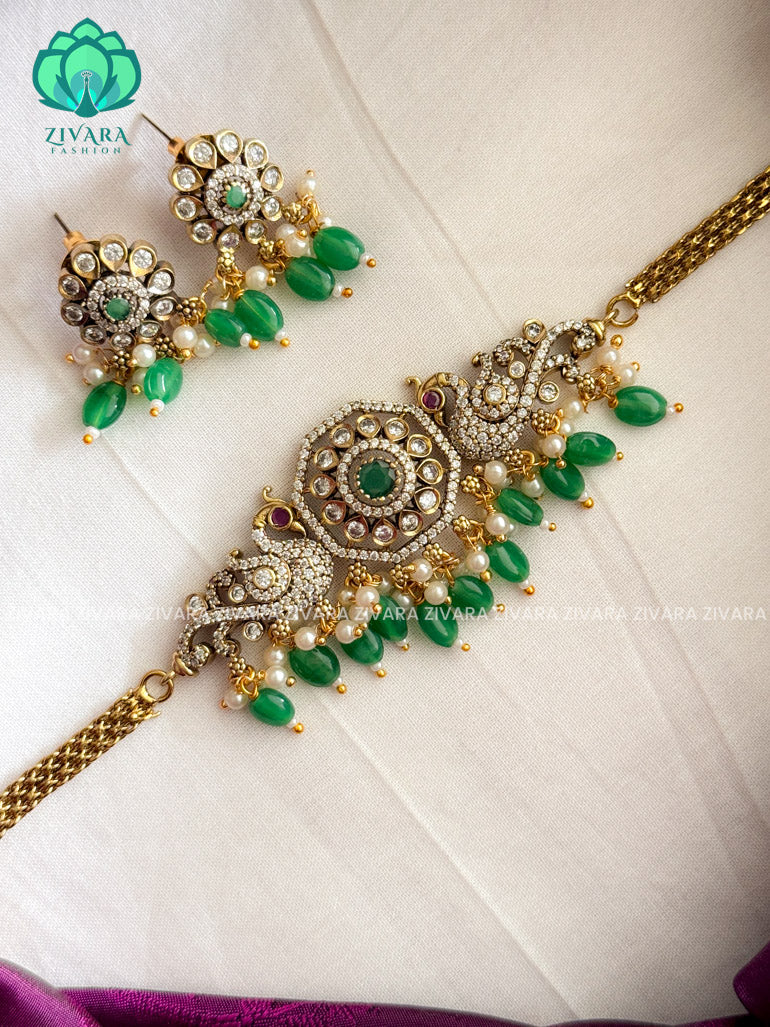 Kids friendly Cute Motif free (3 inch plus extension )Victorian polish finish peacock choker with earrings  - Premium quality CZ Matte collection-south indian jewellery