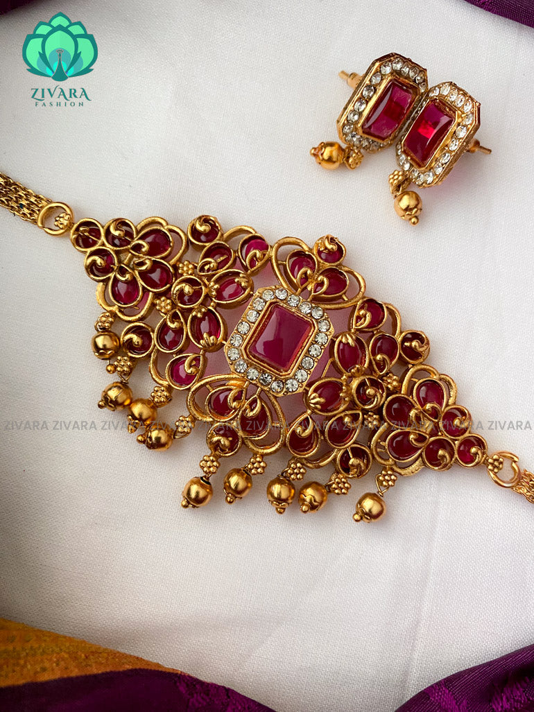 Cute matte finish simple choker with earrings-latest south indian jewellery-ruby