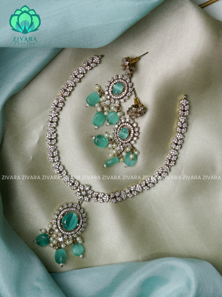 Pastel Green - Oval stone - Ultra premium victoria finish dark polish trending neckwear collection- bridal collection- Zivara Fashion