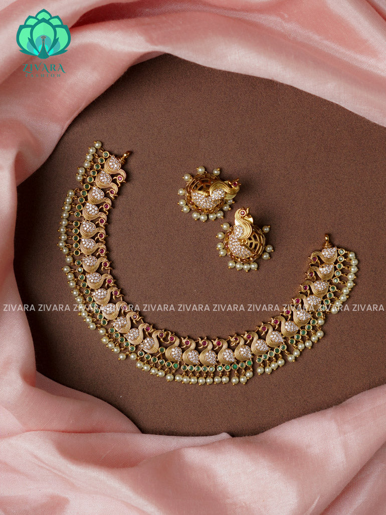 ANNAM AND GREEN STONE -Traditional south indian premium neckwear with earrings- Zivara Fashion- latest jewellery design.