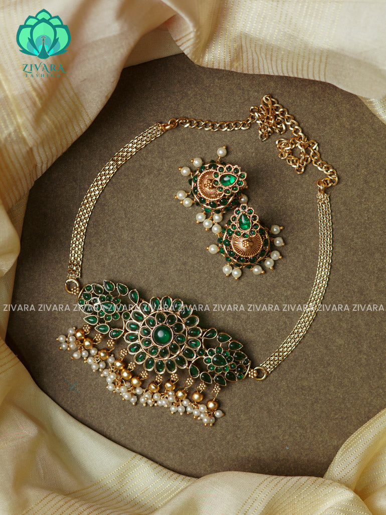 Green- Trending circle flower choker with earrings-latest south indian jewellery