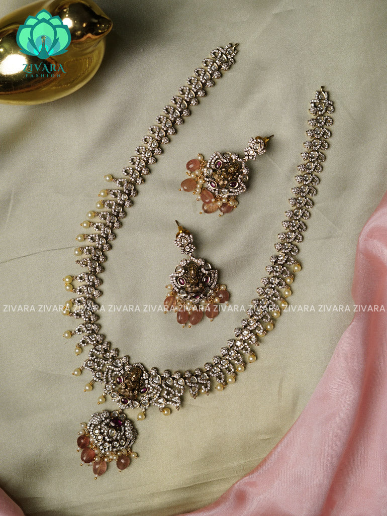 PASTEL PINK TEMPLE MINIMAL  - Traditional DARK VICTORIA polish MIDCHEST haaram/neckwear with earrings- Zivara Fashion