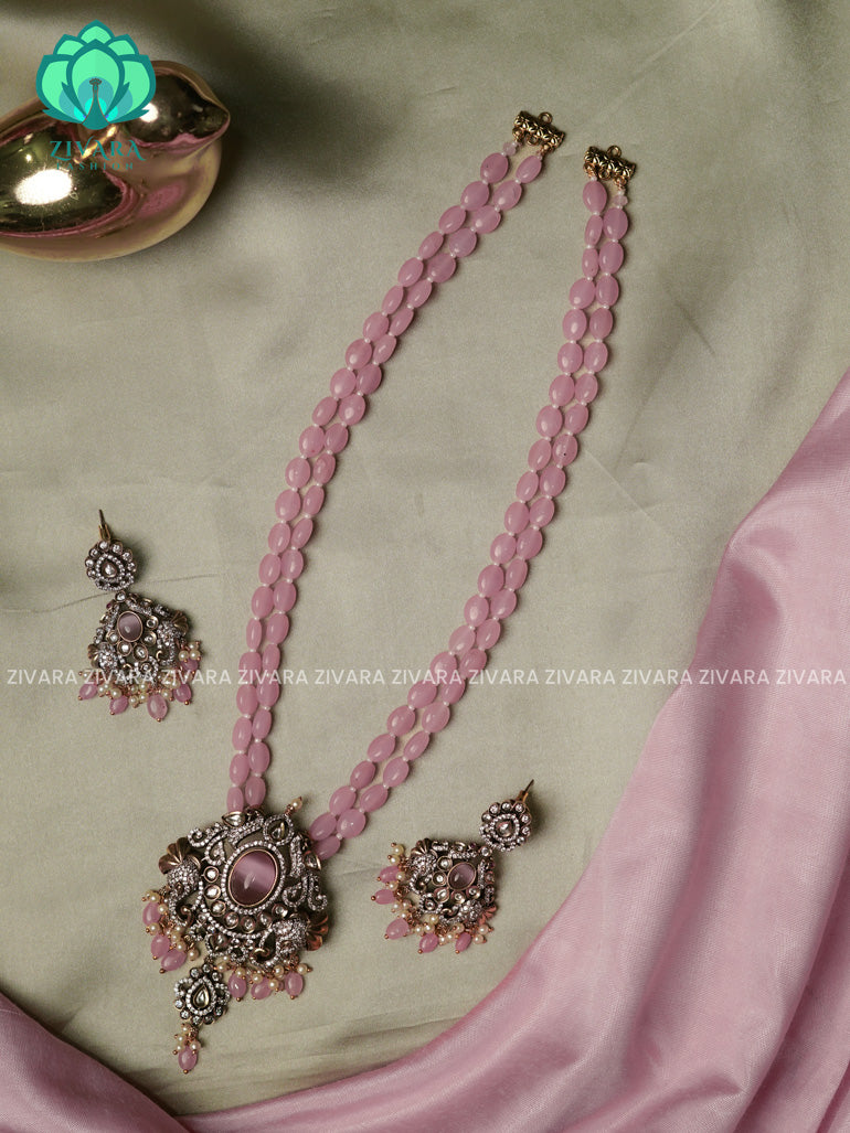 PASTEL PINK ELEPHANT BEADED  - Traditional DARK VICTORIA polish MIDCHEST haaram/neckwear with earrings- Zivara Fashion