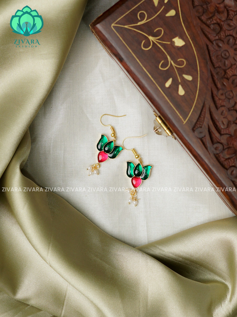 Green and pink  -Tamara Cute enamel lotus dangler (1 inch)- latest jewellery collection- zivara fashion
