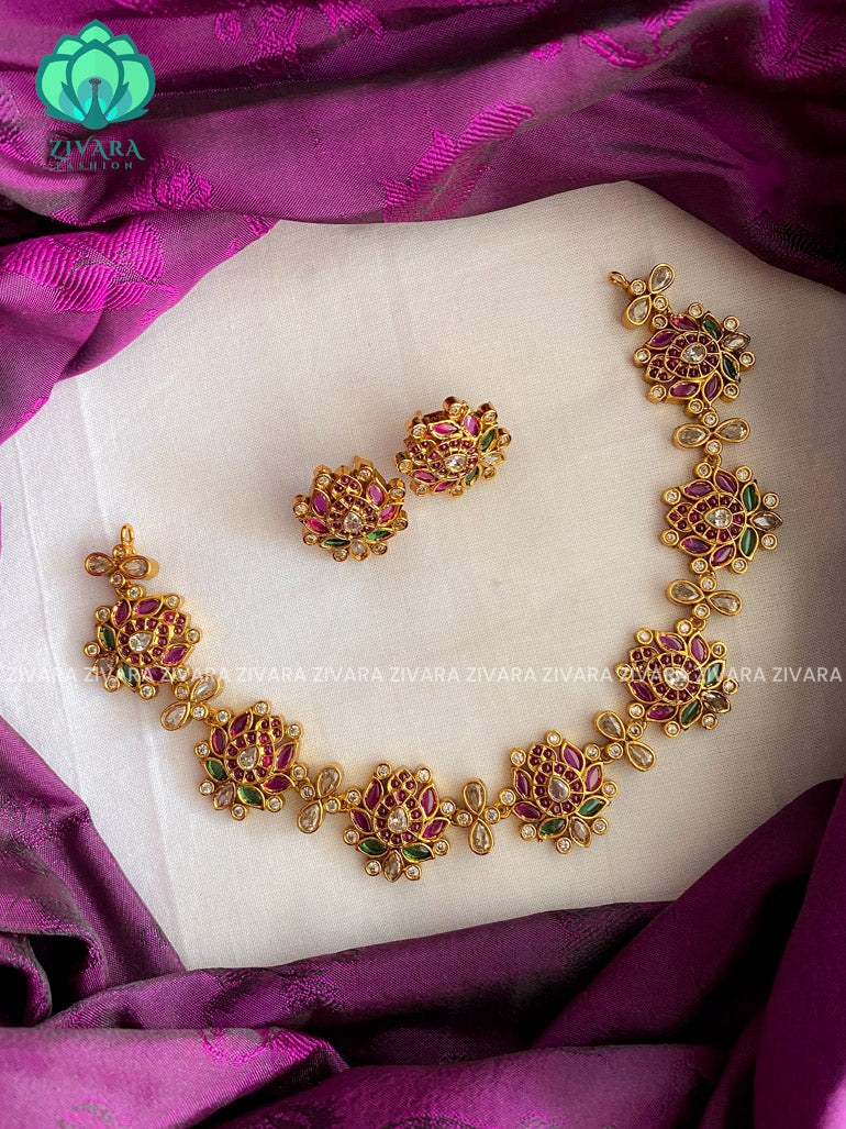 Real kemp lotus Neckwear with earrings without pearls - CZ Matte Finish- Zivara Fashion