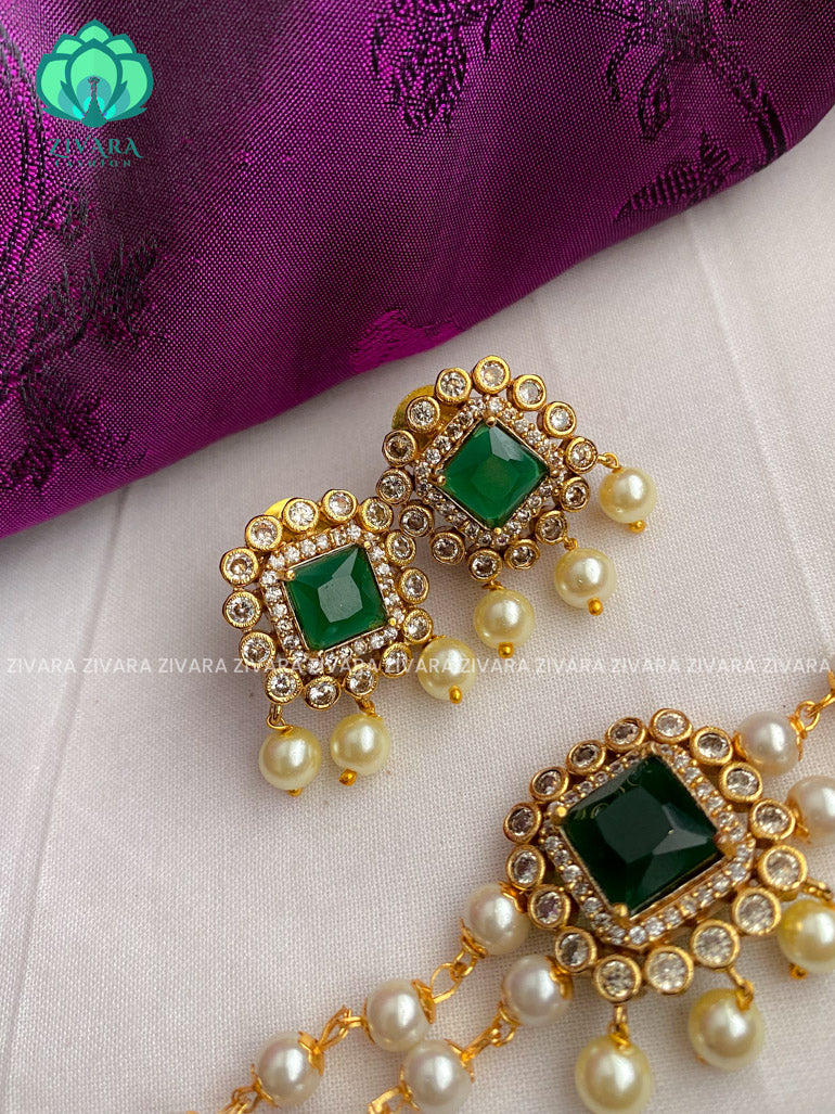 Green stone pearl choker with earrings - CZ matte finish- Zivara Fashion-