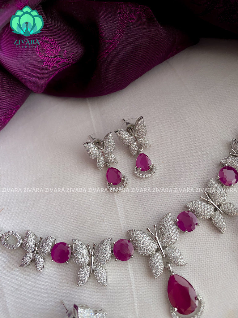 Silver American Diamond budgeted butterfly stoned Neckwear with earrings- Zivara Fashion- Silver