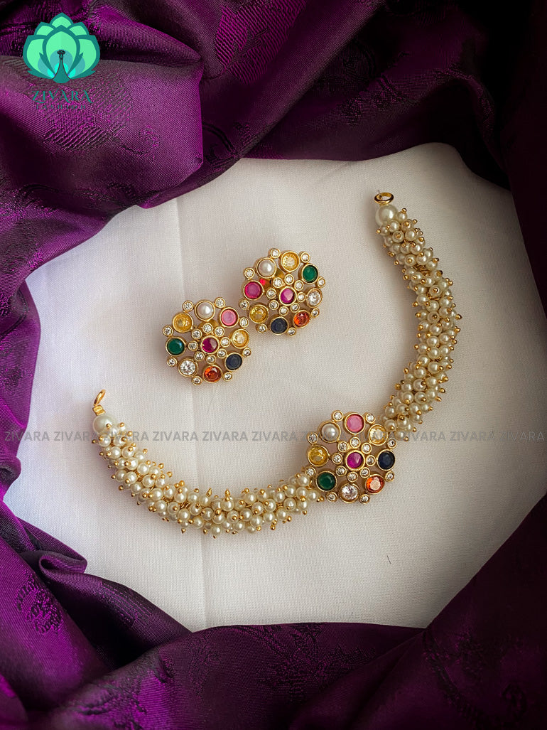 Small size kids friendly normal matte pearl cluster navaratna choker with earrings - Premium quality CZ Matte collection-south indian jewellery