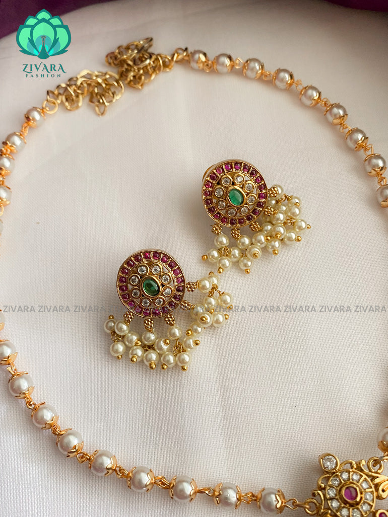 Kids friendly brilliant finish peacock pearl choker with earrings - Premium quality CZ Matte collection-south indian jewellery