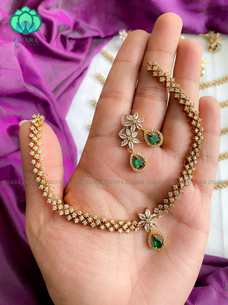 GREEN STONE AD MOTIF FREE TEAR- stylish and minimal elegant neckwear with earrings- Zivara Fashion