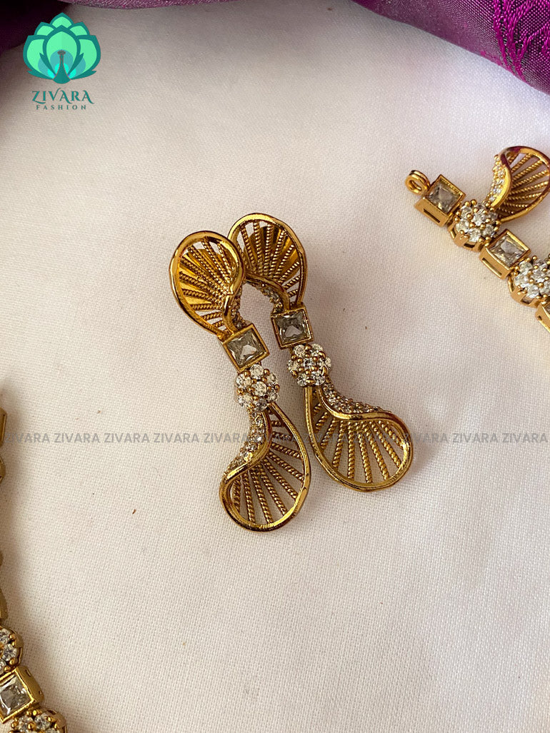 Gold like fan elegant necklace with earrings CZ matte Finish- Zivara Fashion