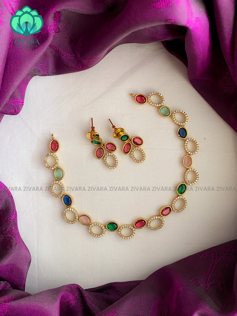 Multicolour oval stone elegant neckwear with earrings - latest jewellery designs- Zivara Fashion