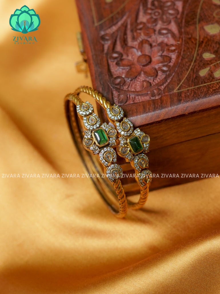 GREEN STONE SARADU  -Premium VICTORIA DARK  finish bangles- latest jewellery collection- Zivara Fashion