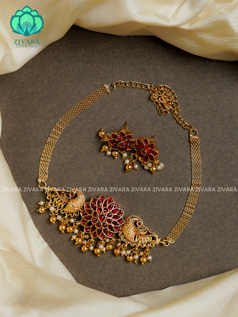 Ruby - Trending annapakshi flower choker with earrings-latest south indian jewellery