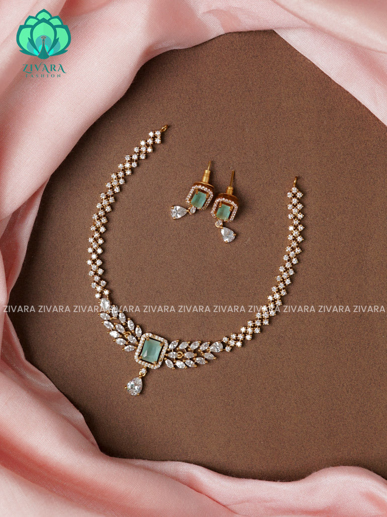 PASTEL GREEN DIAMOND LOOK ALIKE  - stylish and minimal elegant neckwear with earrings- Zivara Fashion