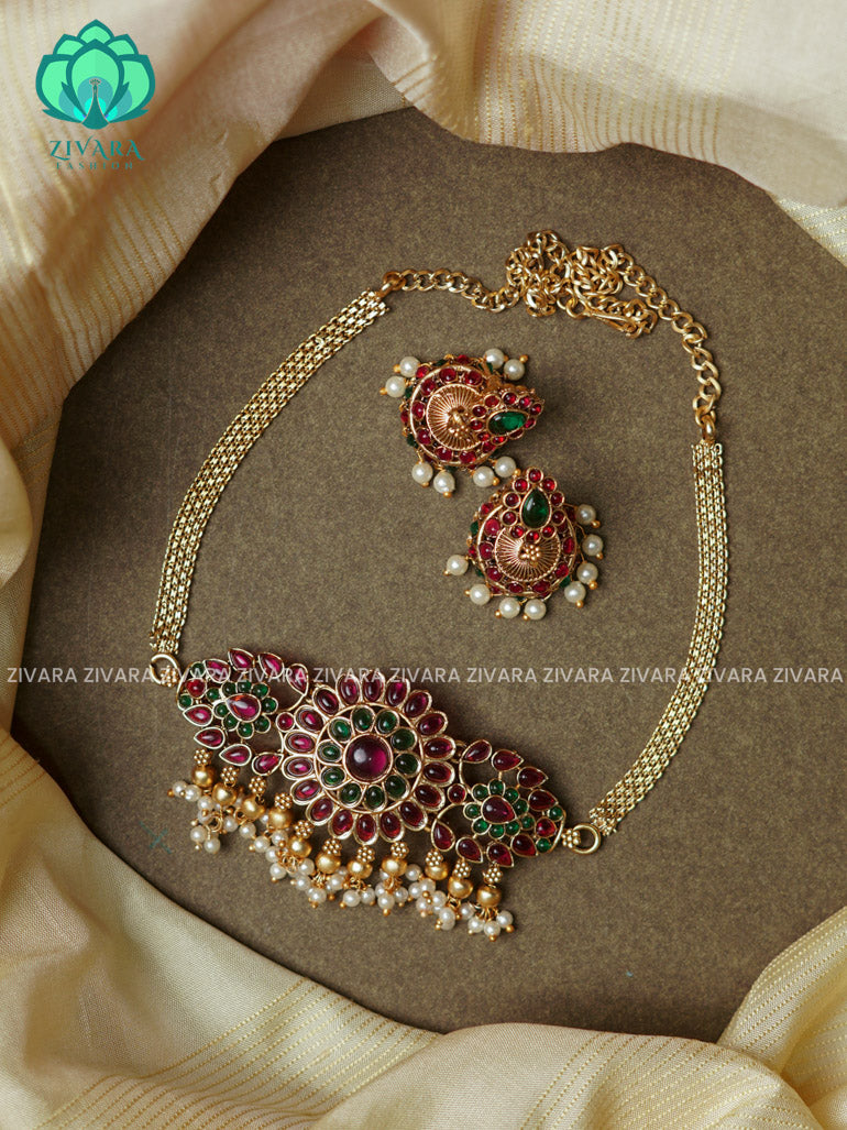 Ruby Green - Trending circle flower choker with earrings-latest south indian jewellery