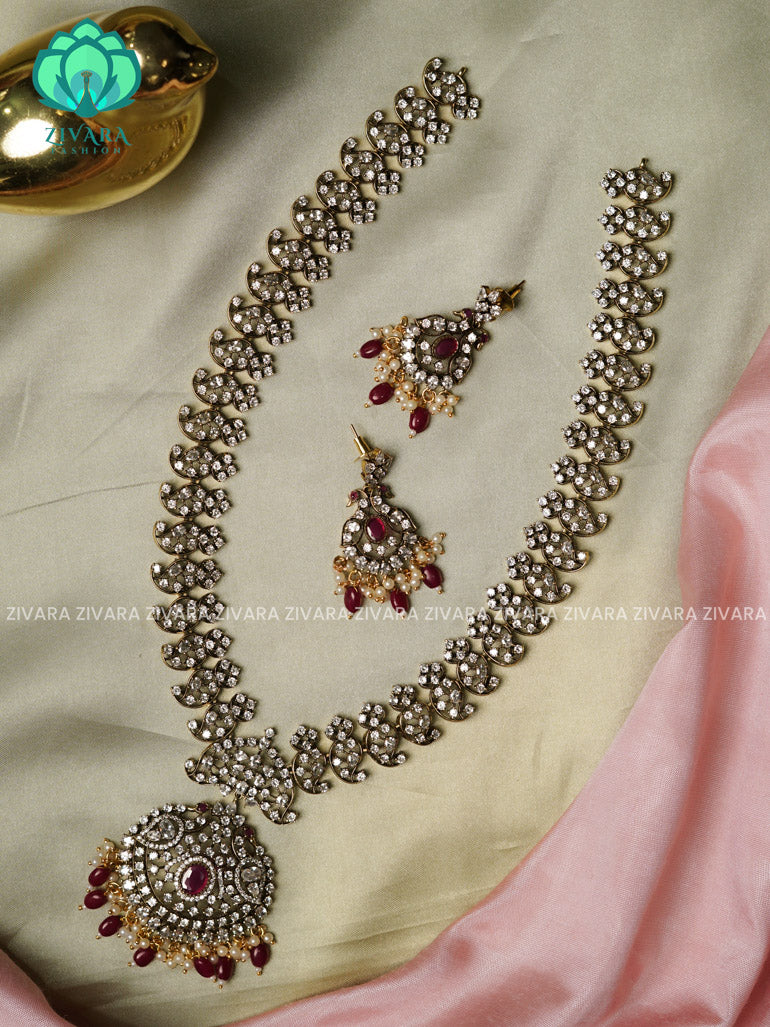 RUBY BEADS - Traditional DARK VICTORIA polish long haaram/neckwear with earrings- Zivara Fashion