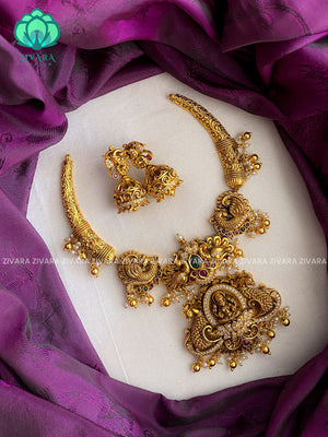 GRAND HASLI VINTAGE FINISH TEMPLE NECKWEAR WITH EARRINGS   - Premium quality CZ Matte collection-south indian jewellery