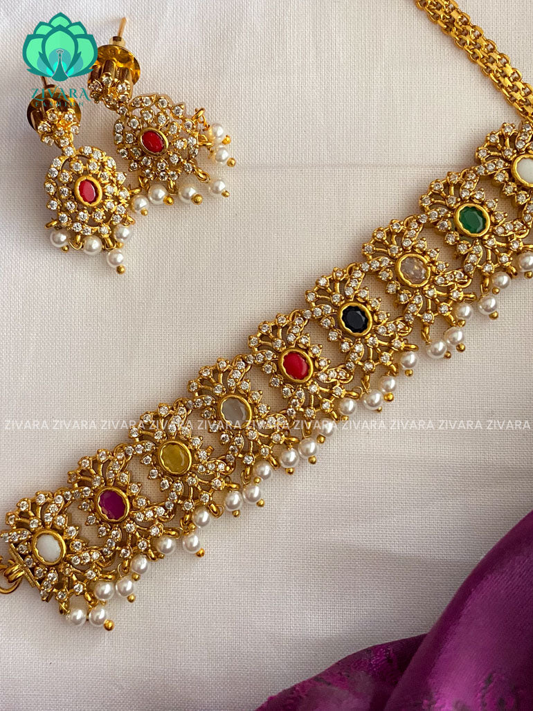 Elegant multicolour stone choker with earring - latest pocket friendly south indian jewellery collection