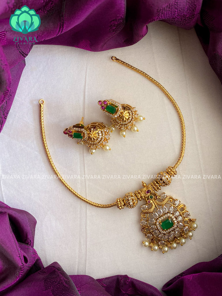 Green stone pendant flexible chain neckwear with earrings - Zivara Fashion