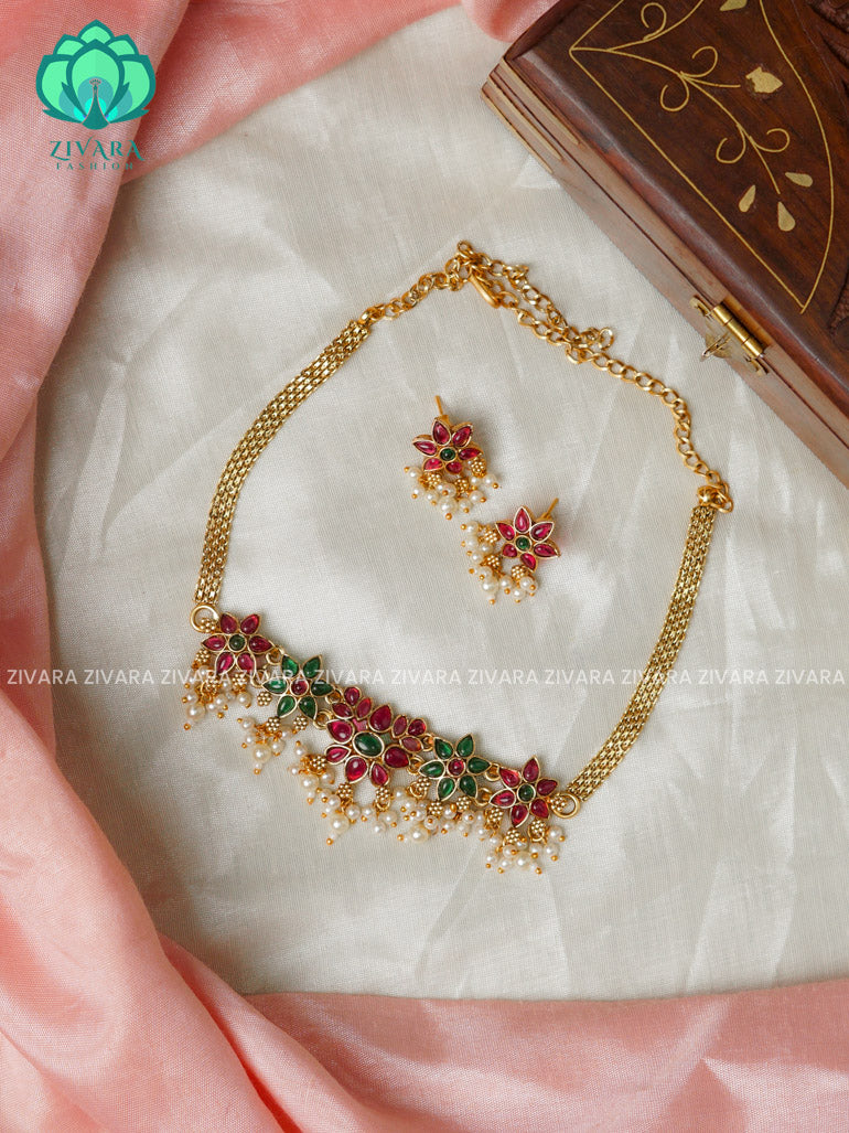 Ruby and Green -lotus normal matte choker with earrings-latest south indian jewellery