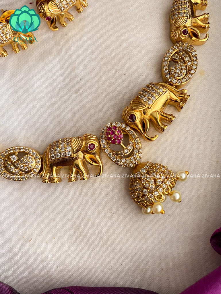 Premium finish stone elephant neckwear with earrings  - Premium quality CZ Matte collection-south indian jewellery