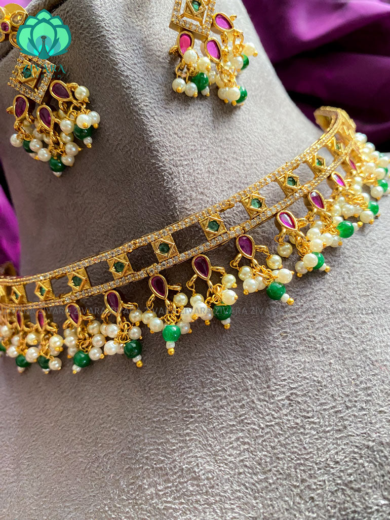 Bridal CZ matte choker with stones and green beads  - Bridal  jewellery with earrings-indian bridal jewellery