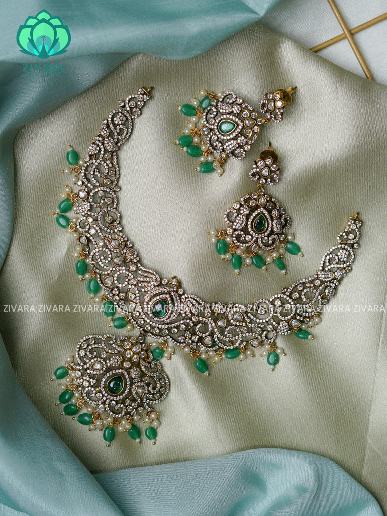 Green  - Heavy peacock pendant- Ultra premium victoria finish dark polish trending neckwear collection- bridal collection- Zivara Fashion