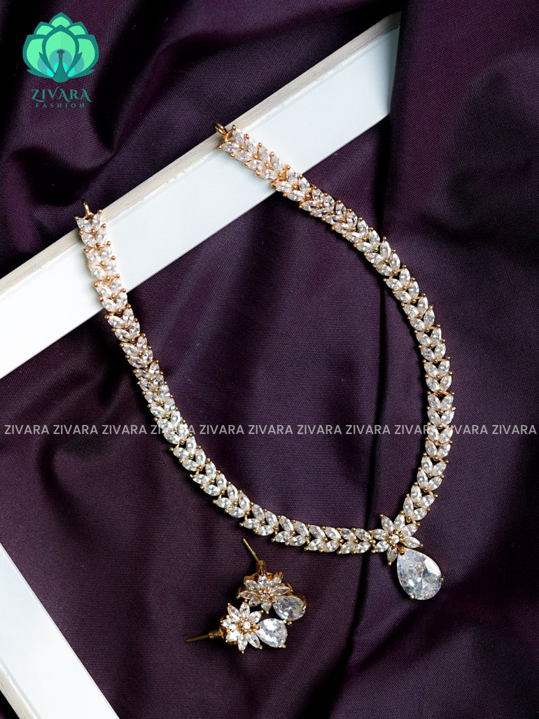 Diamond look alike full white - stylish and minimal elegant neckwear with earrings- Zivara Fashion