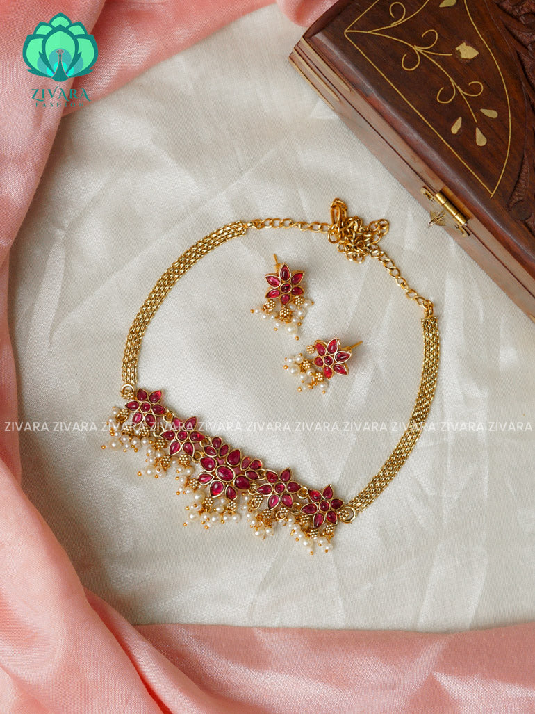 Ruby -lotus normal matte choker with earrings-latest south indian jewellery