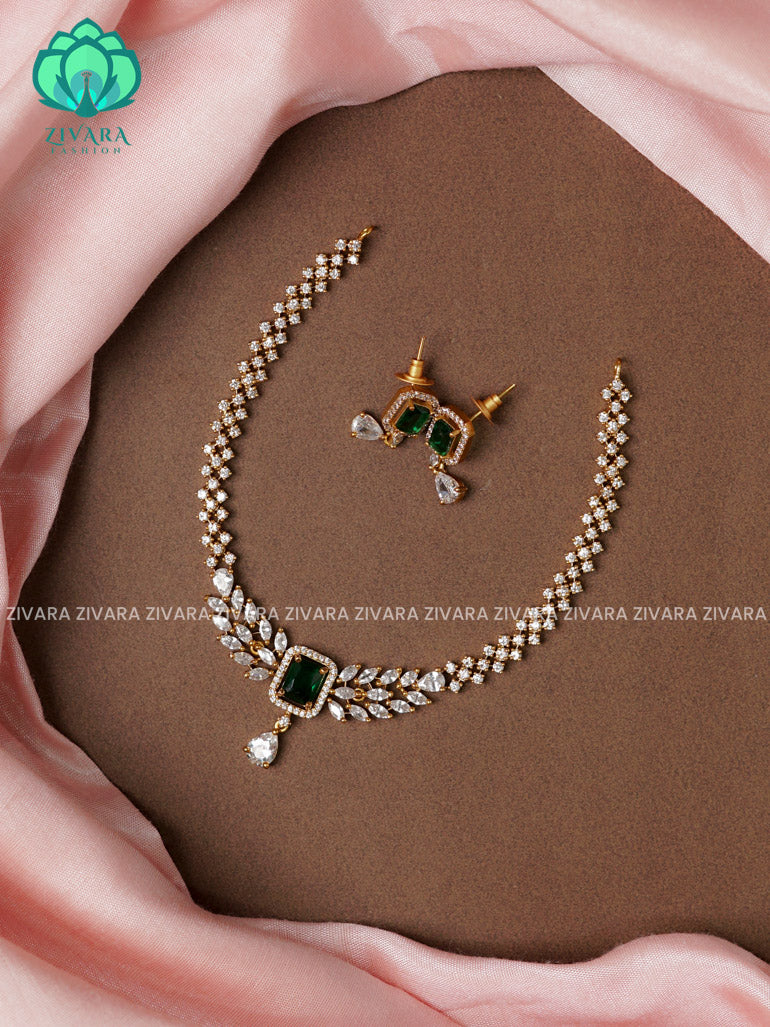 DARK GREEN DIAMOND LOOK ALIKE  - stylish and minimal elegant neckwear with earrings- Zivara Fashion