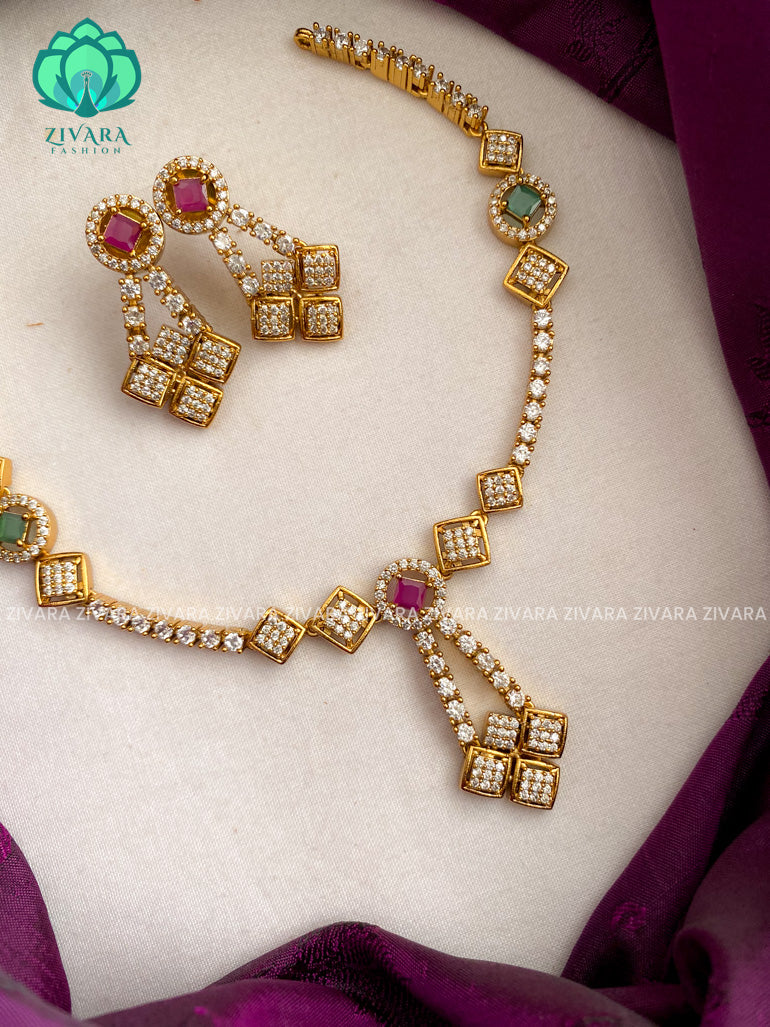 Elegant ruby green white stone Neckwear with earrings- CZ Matte Finish- Zivara Fashion