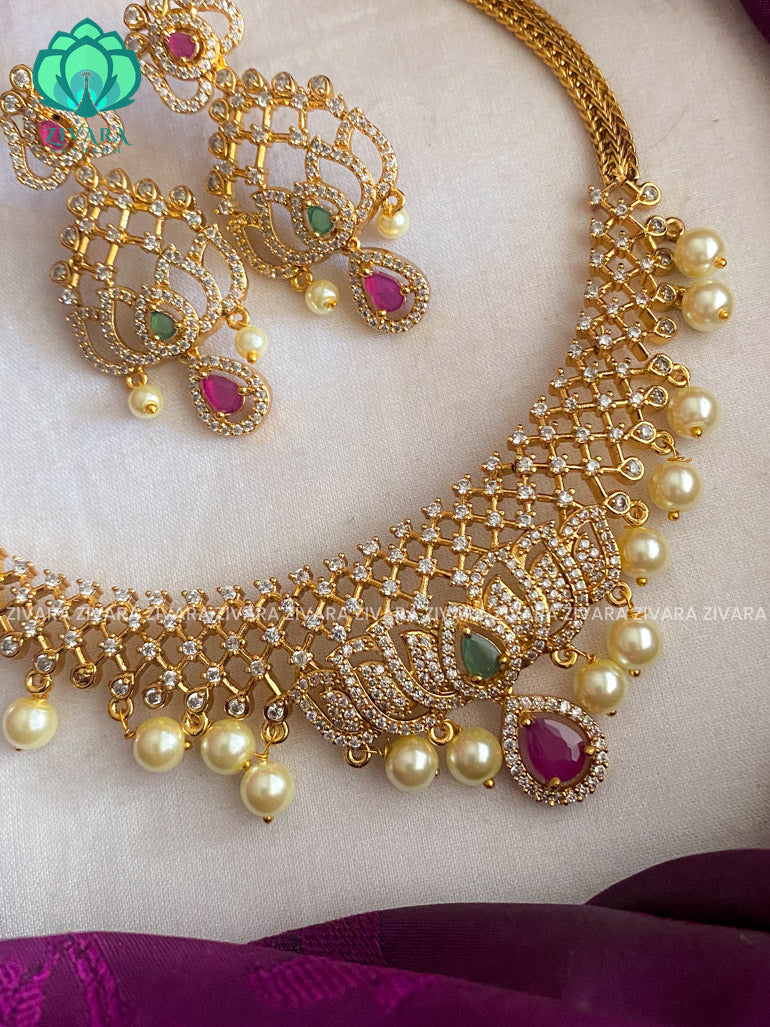 American diamond stone lotus neckwear with earrings - latest jewellery designs- Zivara Fashion