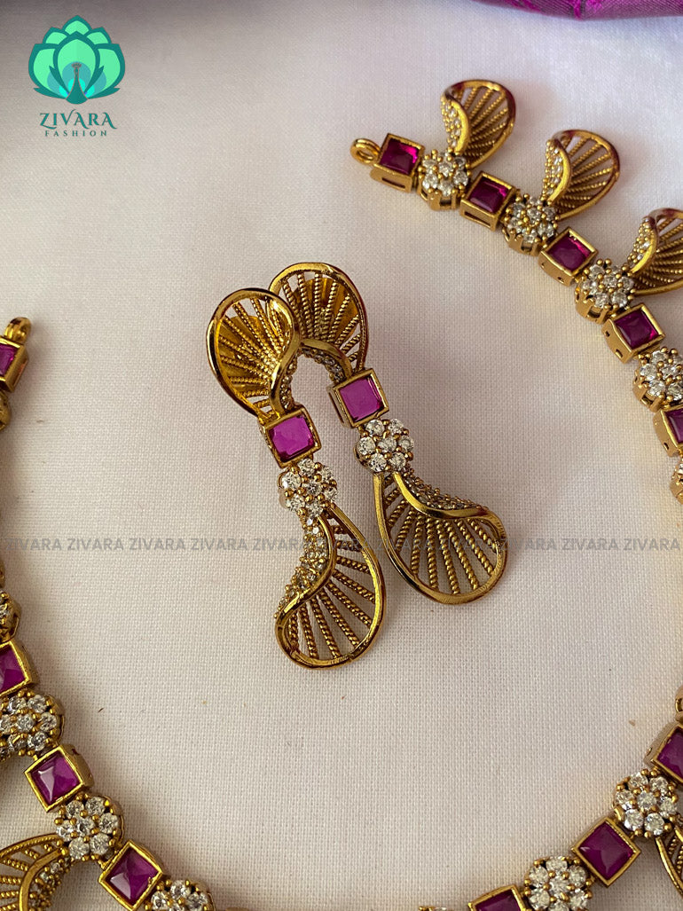 Gold like fan elegant necklace with earrings CZ matte Finish- Zivara Fashion