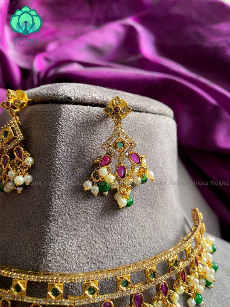 Bridal CZ matte choker with stones and green beads  - Bridal  jewellery with earrings-indian bridal jewellery