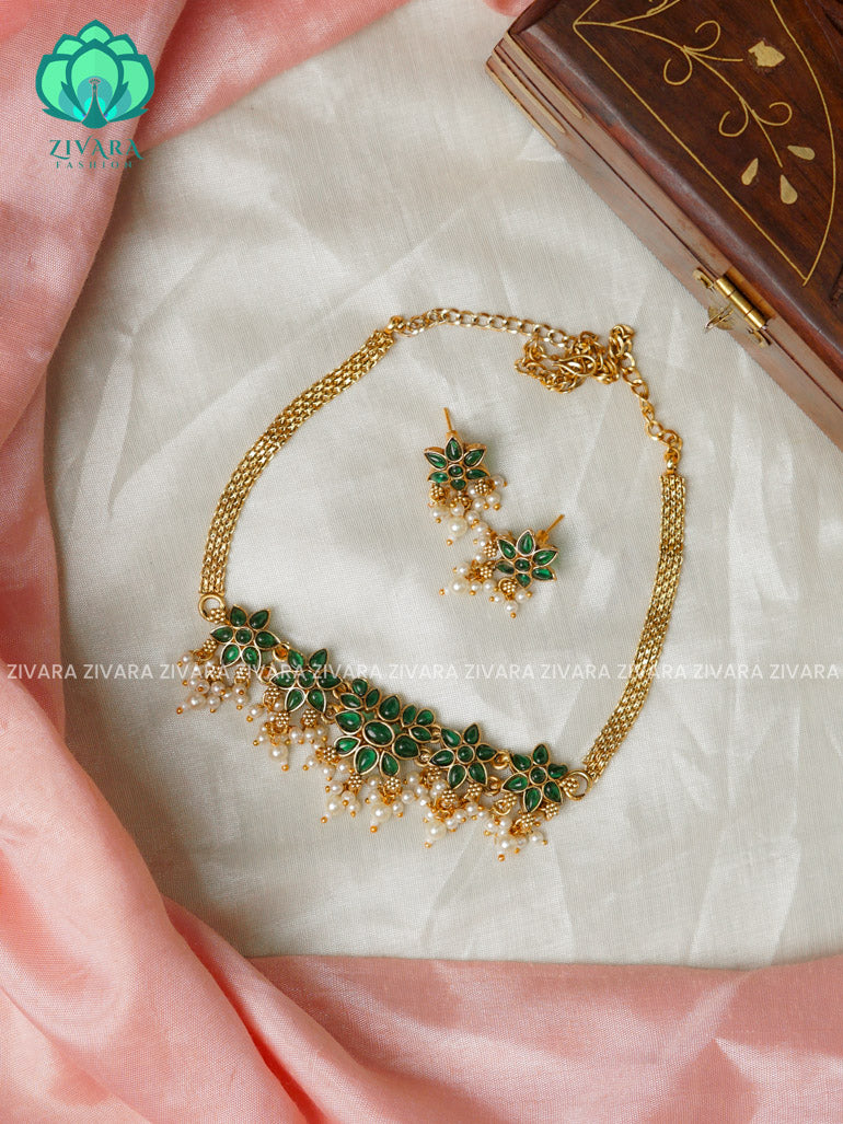 Green -lotus normal matte choker with earrings-latest south indian jewellery